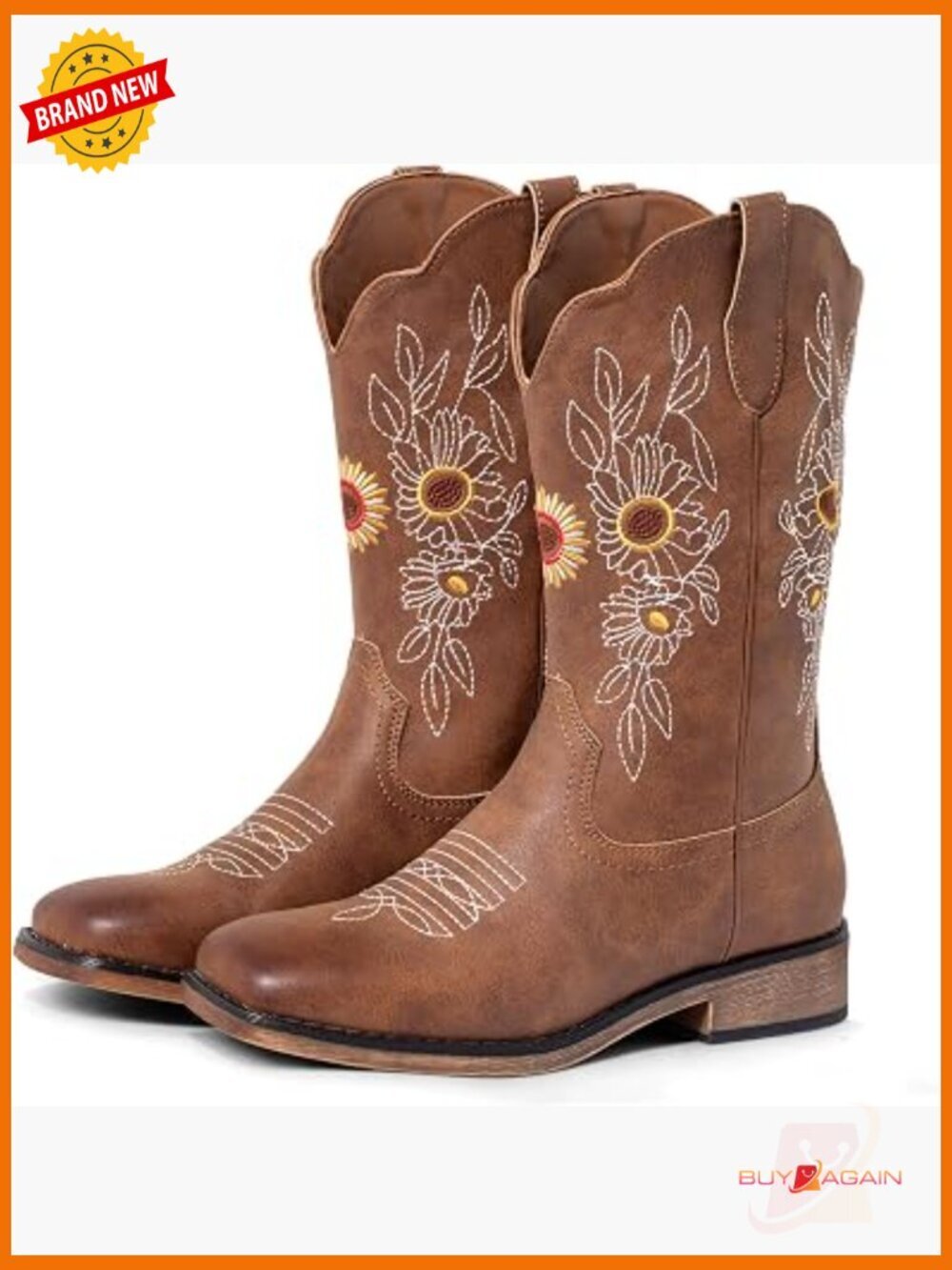 Women's Square Toe Cowboy Boots with Floral Embroidery, Mid Calf Western Boots